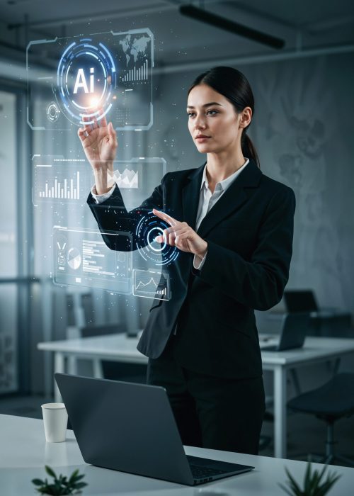 businesswoman-interacting-with-ai-hologram-office